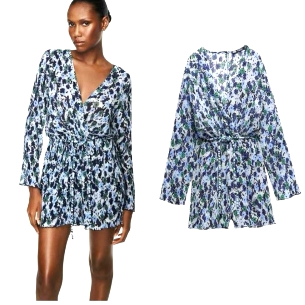 Zara Blue and Green Patterned Jumpsuit Romper Size XS
